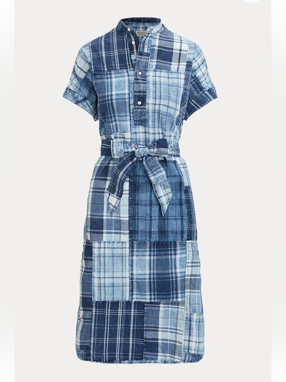 Ralph Lauren Polo Blue Plaid Patchwork Henley Cotton Shirt Dress Size 6